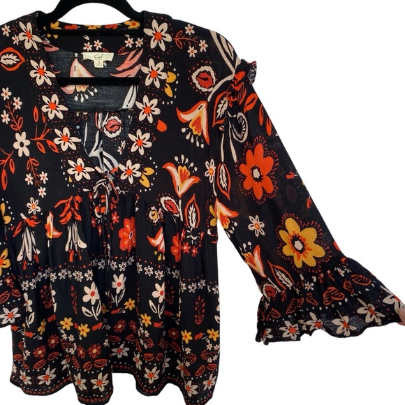 Easel Black Floral Boho Blouse Womens Size Small Ruffle Rayon Tie Tunic Top Fall - Picture 5 of 10